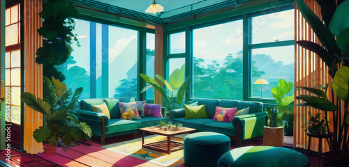 A Maximalist Green Solarpunk Living Room With Numerous Plumeria Flowers, Green Plants, and Golden Light in Its Interior Design Generative AI Art Illustration