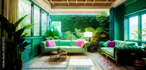 Maximalist Interior Design of This Green Solarpunk Living Room Is Enhanced by the Presence of Green Plants Generative AI Art Illustration