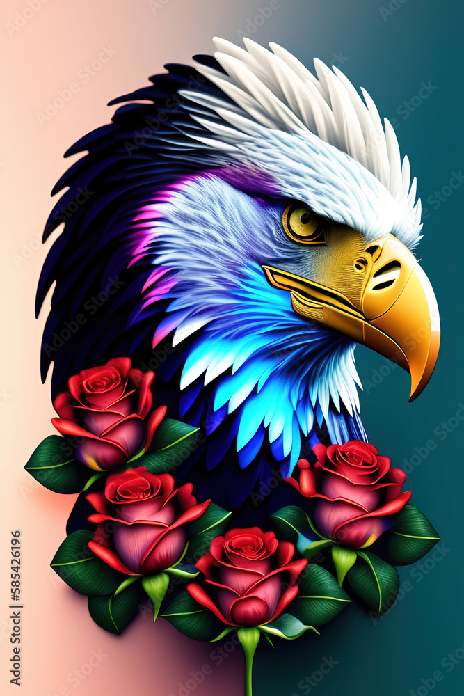 Fototapeta premium Eagle, sun, roses: hyper-detailed, ultra-sharp, highly-detailed illustration, Generative AI