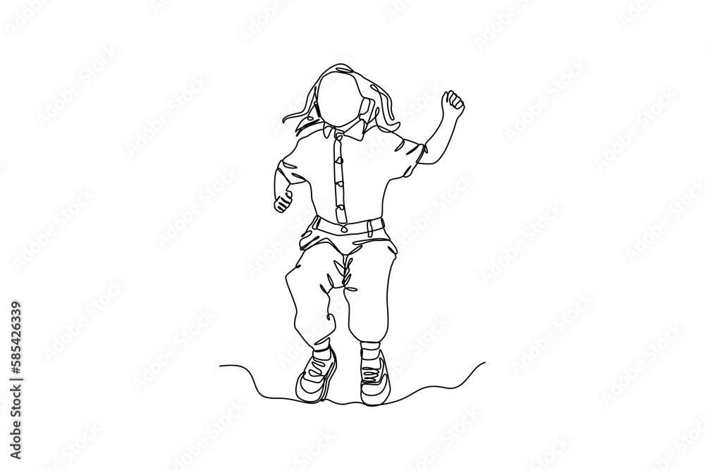 Continuous one-line drawing a child preparing to jump high. Children's day concept. Single line drawing design graphic vector illustration