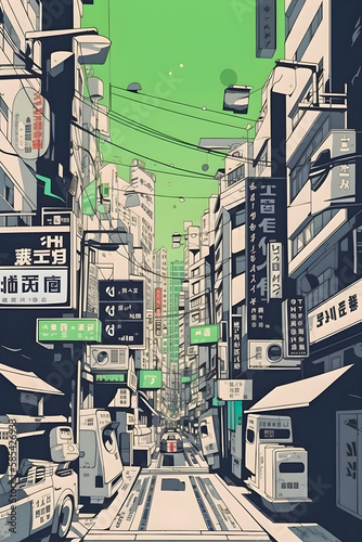 Anime Japan City retro halftone, anime and manga illustration, Generative AI