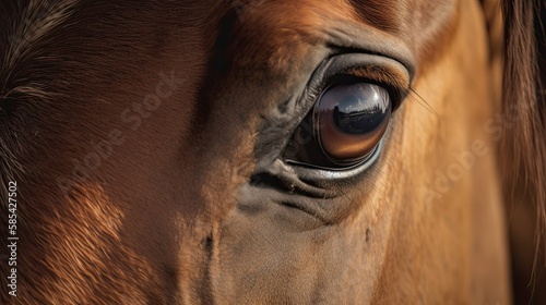 Brown Horse Portrait in Macro  Extreme Closeup of Equine Eyes Front View Looking at Camera with Copy Space Banner  Generative AI