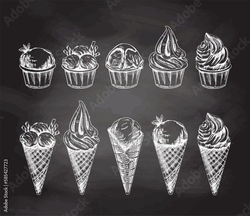 A hand-drawn sketch of a waffle cones and ice cream balls, frozen yoghurt or cupcakes in cups isolated on chalkboard background. Vintage illustration. Set. 
