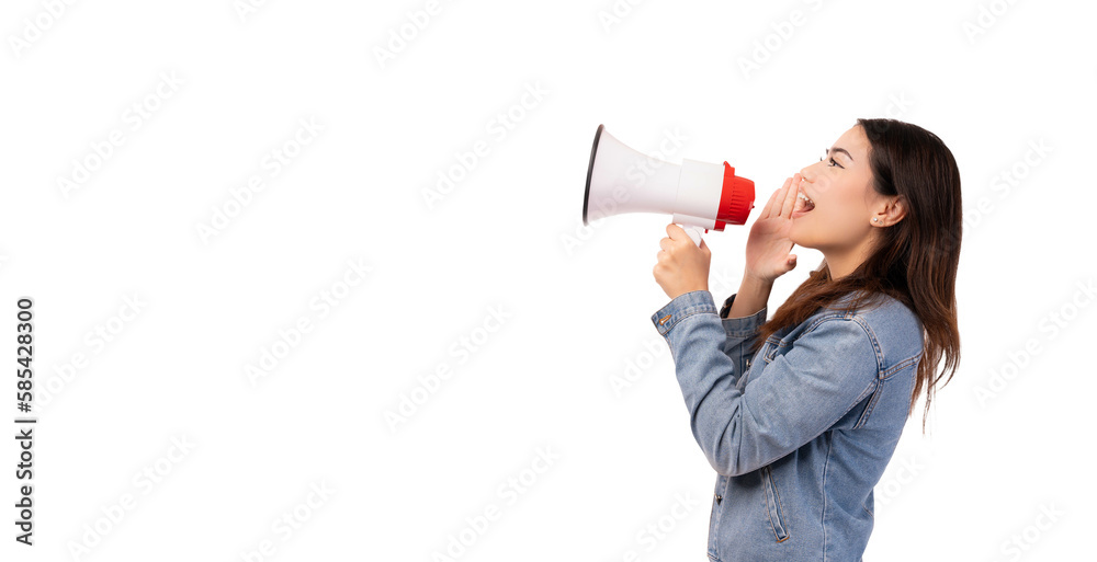 Smiling happy teen girl talking in megaphone or loudspeaker shouting loud Pretty woman announcing discount promotion Use for advertisement She standing over islolated on white background Copy space Smiling happy teen girl talking in megaphone or loudspeaker shouting loud Pretty woman announcing discount promotion Use for advertisement She standing over islolated on white background Copy space