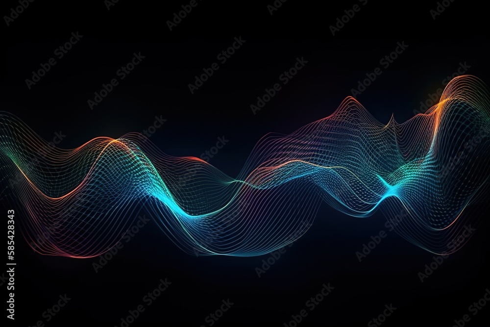 Data technology illustration. Abstract futuristic background. Wave with connecting dots and lines on dark background. Wave of particles. , Generative AI