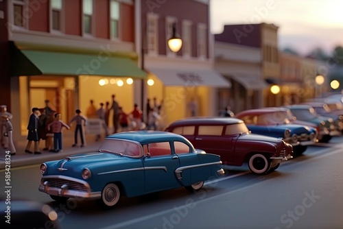 City landscape with living building facades and cars parkes at street. Miniature city. Created with Generative AI © Lazy_Bear