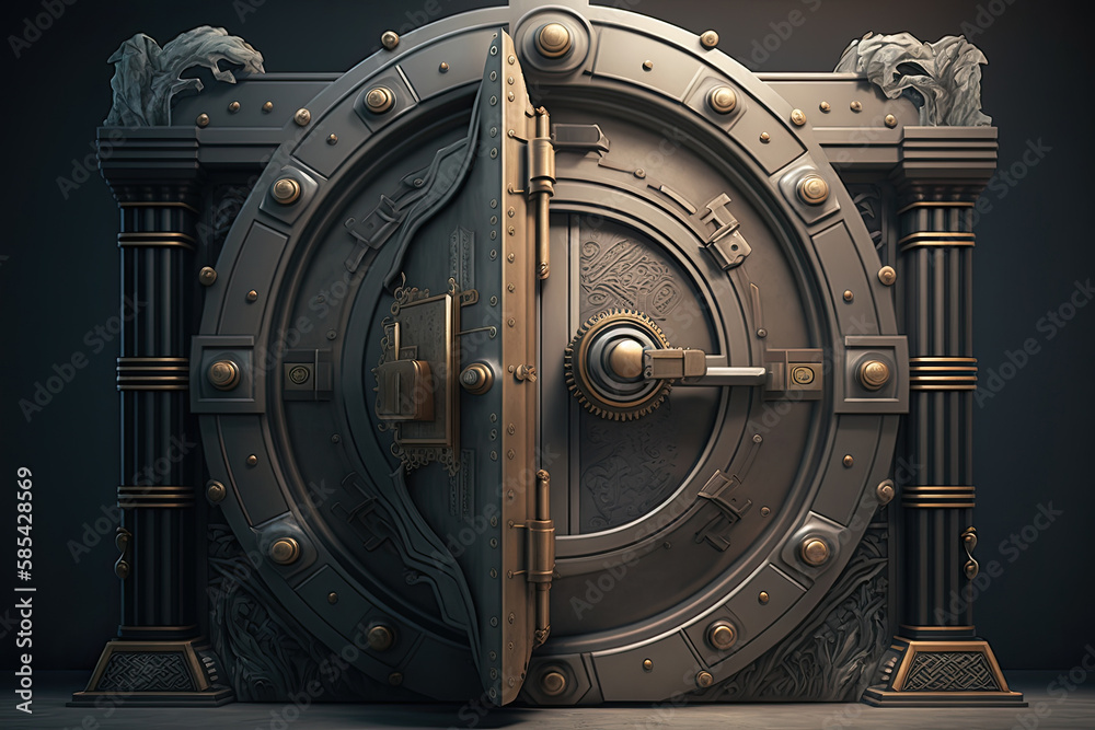 Decorated bank safe door. Bank vault for saving money and precious metals. Created with Generative AI
