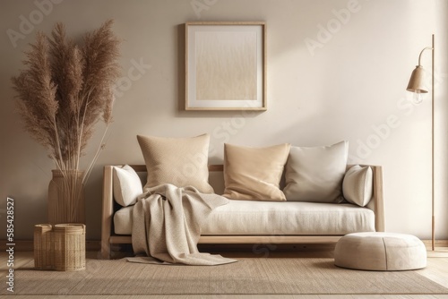 Interior wall mockup in warm neutrals with low couch, beige cushion, and dried Pampas grass on caned table in japanese style living room with empty white wall backdrop, illustration. Generative AI © AkuAku