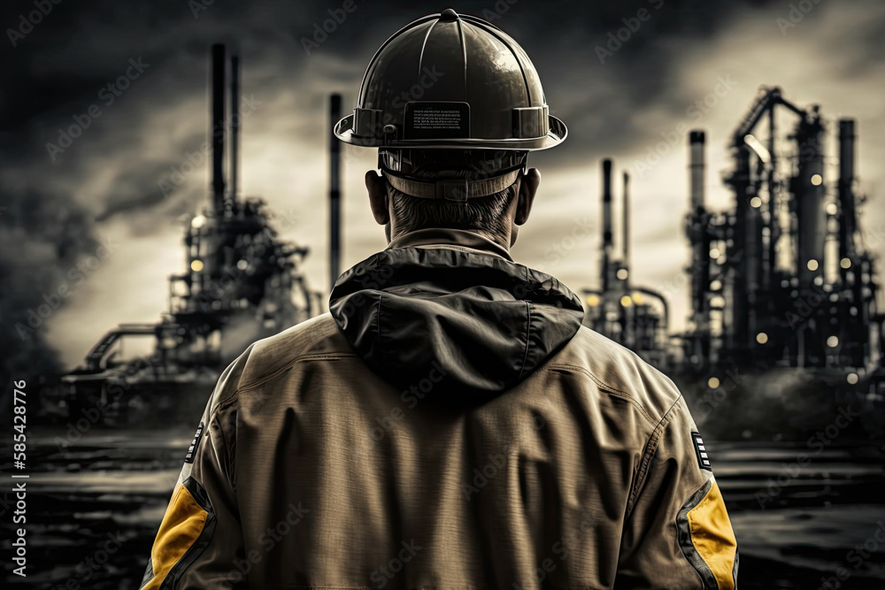 Back view of industrial worker wearing protective uniform and safety helmet standing near heavy industry factory. Created with Generative AI Back view of industrial worker wearing protective uniform and safety helmet standing near heavy industry factory. Created with Generative AI