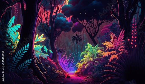 Tropical forest illustration with neon glow and vivid