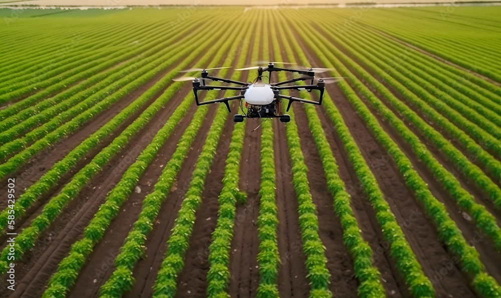 Drone Spraying Fertilizer on Lush Vegetable Green Plants for Efficient Crop Management. Generative AI Drone Spraying Fertilizer on Lush Vegetable Green Plants for Efficient Crop Management. Generative AI