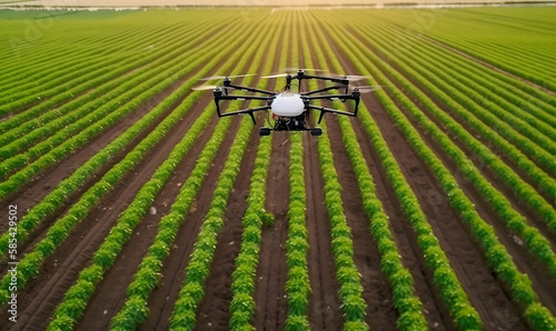 Drone Spraying Fertilizer on Lush Vegetable Green Plants for Efficient Crop Management. Generative AI