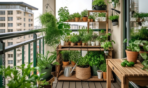 Sunny City Balcony Garden with Green Plants & Comfortable Furniture - Modern Terrace with Flowering Hanging Pots. Generative AI