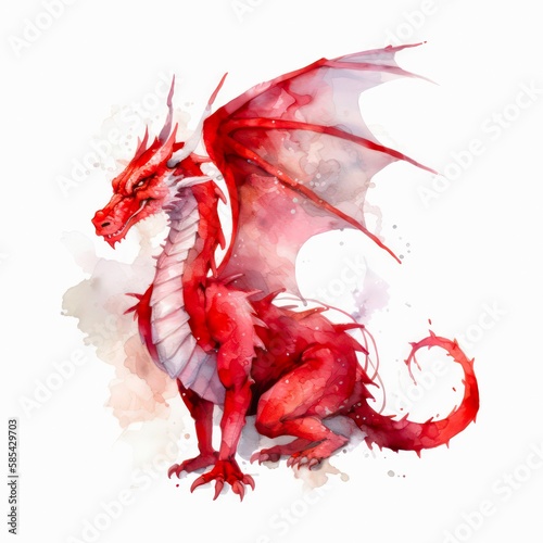 Watercolor illustration of a red dragon on white background. Generative AI. photo