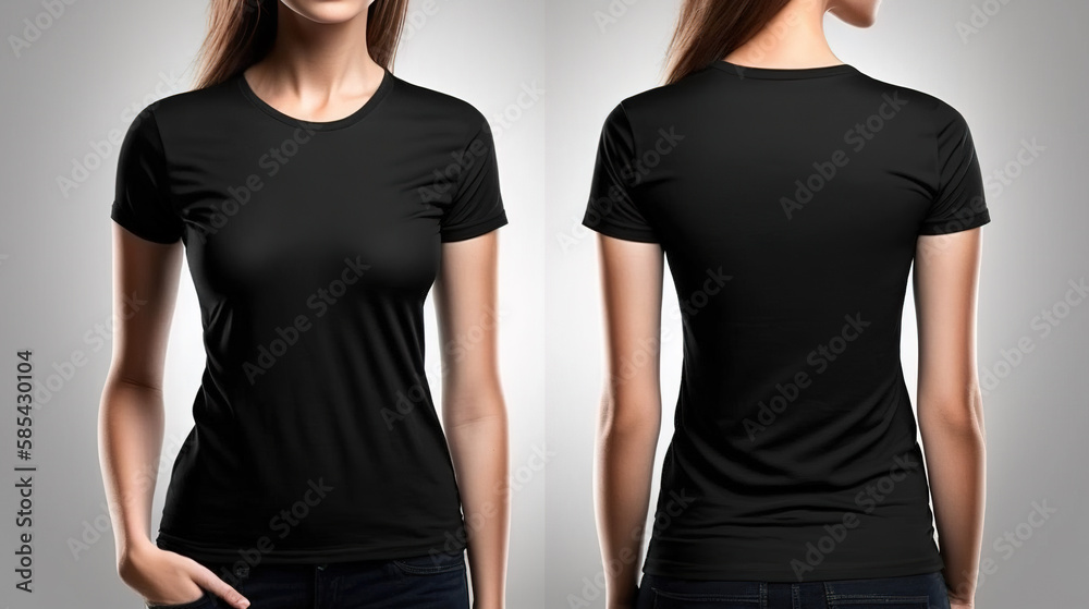 Photo realistic woman black t-shirts with copy space, front and back view. Created with Generative AI Technology - obrazy, fototapety, plakaty 