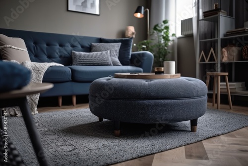 Navy stool with fabric couch in grey living room. Blue ottoman on striped carpet. Generative AI photo