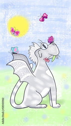 Cute fantasy dragon illustration with butterflies. Hand-drawn magical creature with wings sitting in a sunny meadow. Fairytale character For fabric, textile, cover, postcard, book, packaging