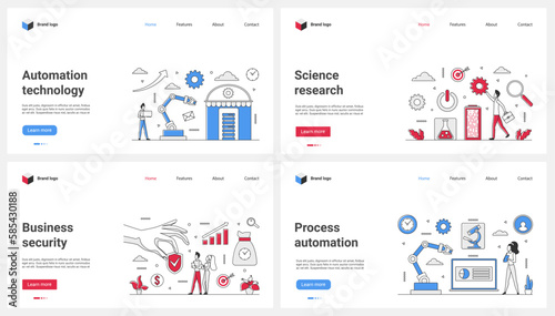 Automation technology, laboratory science research, business security thin line set vector illustration. Cartoon tiny people work with machines and robots for factory production, protect digital data