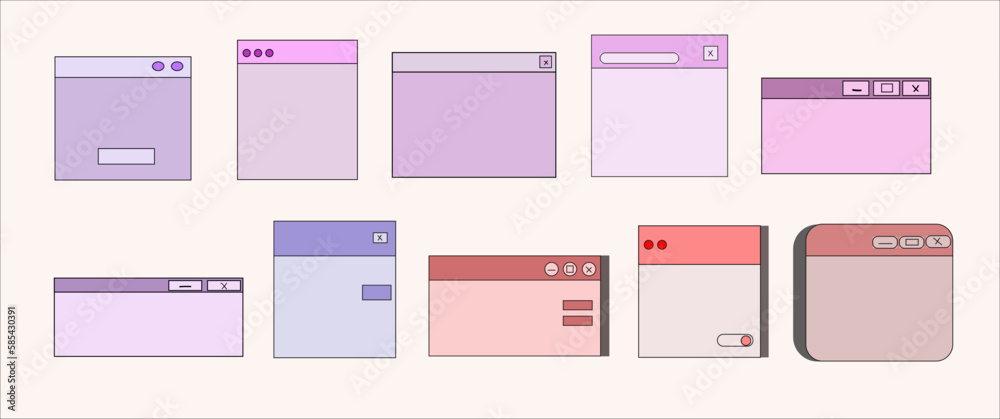Set of Flat UI and UX Elements, Browser and Dialog Window Templates, Notifications, Widgets. Trendy Cover in vaporwave 80s-90s Style Set of Flat UI and UX Elements, Browser and Dialog Window Templates, Notifications, Widgets. Trendy Cover in vaporwave 80s-90s Style