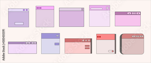 Set of Flat UI and UX Elements, Browser and Dialog Window Templates, Notifications, Widgets. Trendy Cover in vaporwave 80s-90s Style