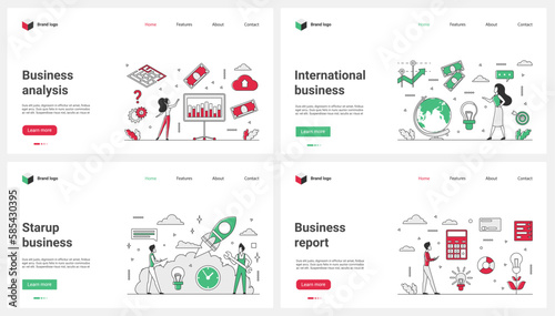 Startup business analysis, ecommerce, data analytics and report charts thin line set vector illustration. Cartoon tiny people work in international enterprise, launch project rocket with partners