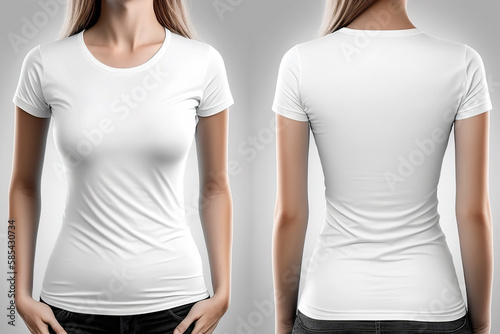 Photo realistic woman white t-shirts with copy space, front and back view. Created with Generative AI Technology