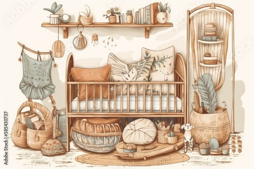 Boho nursery. Children's room décor, cradle, mirror, basket, newborn baby bed. Child furniture. Hand drawn raster. Generative AI