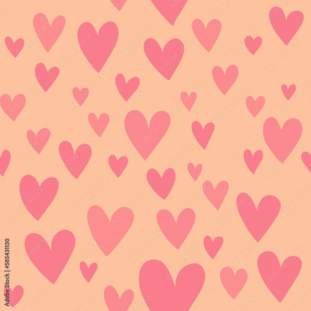 illustration, seamless pattern. many pink tender hearts on a pastel orange background. Valentine's Day holiday concept, greeting card, invitation, romantic textile 