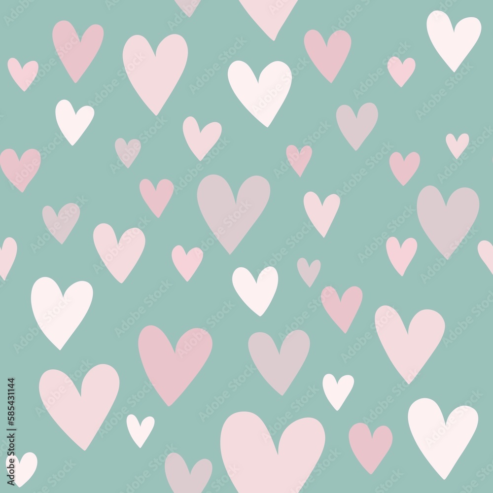 illustration, seamless pattern. many pink and white hearts on a pastel turquoise background. Valentine's Day holiday concept, greeting card, invitation, romantic textile. happy valentine's day