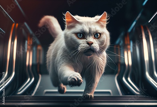 Cat running on a treadmill in a gym. Generative AI