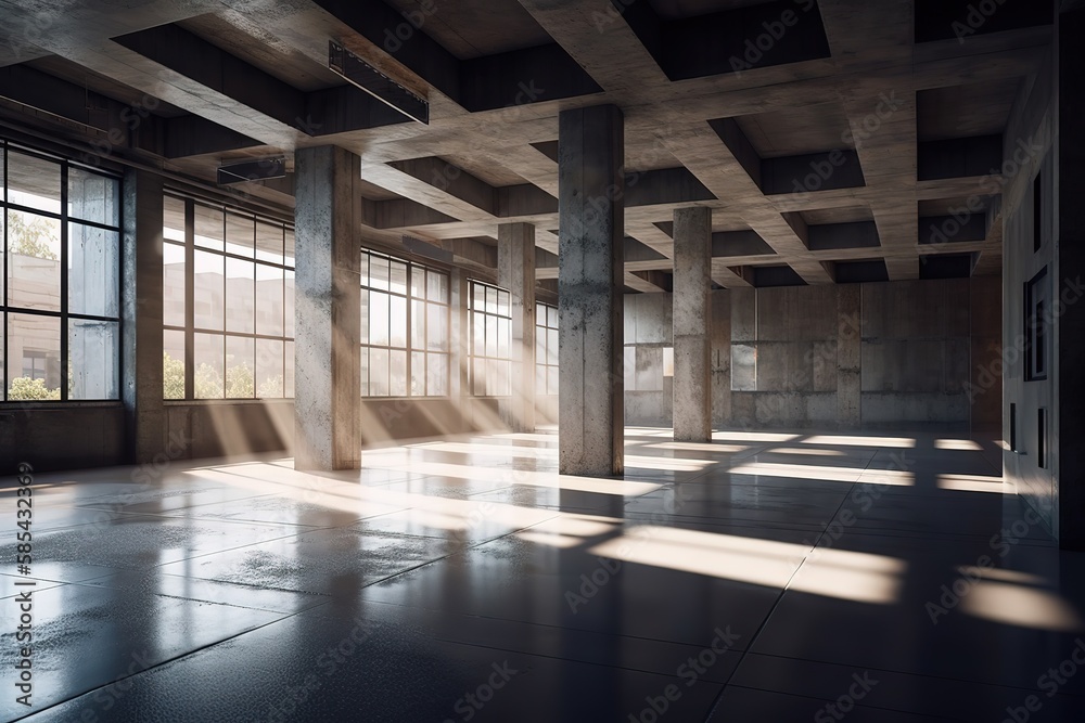 Empty concrete open space interior with sunlight, Generative AI