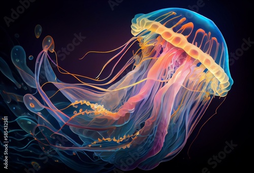 Abstract art. Colorful painting art of a glowing jellyfish in the depths of the sea. Background illustration. Generative AI