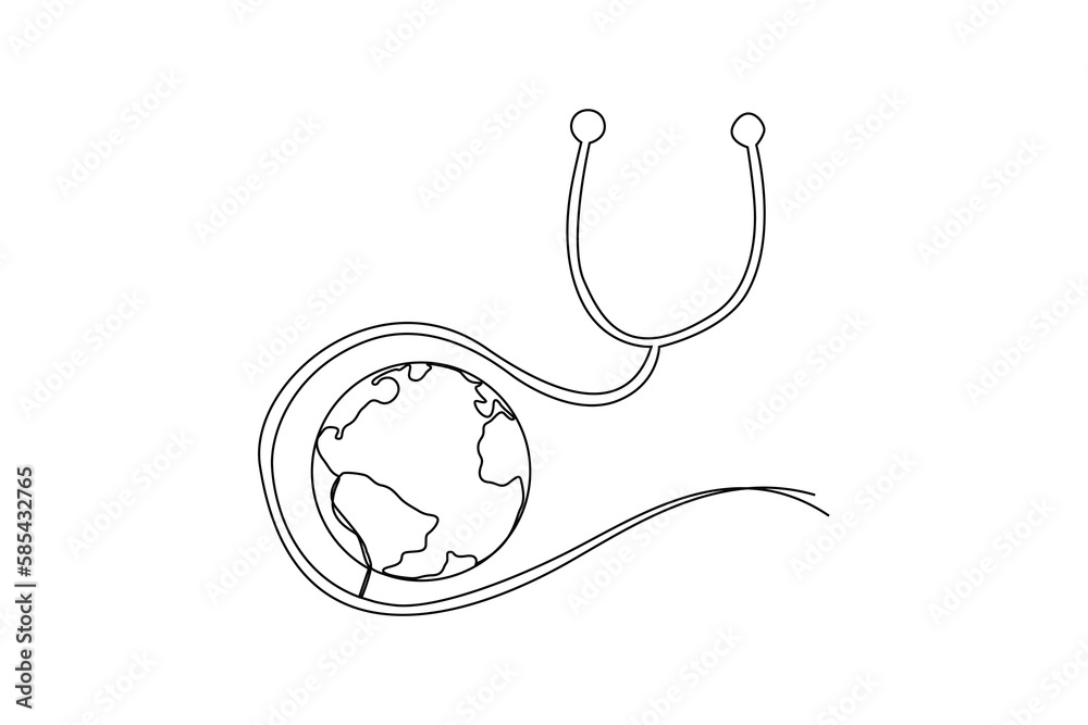 Fototapeta premium Single one-line drawing a world surrounded by stethoscope string. World health day concept. Continuous line drawing design graphic vector illustration.