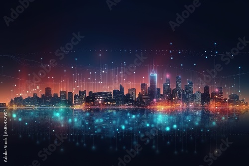 Smart city and abstract dot point connect with gradient line and aesthetic Intricate wave line design  big data connection technology concept.   Generative AI