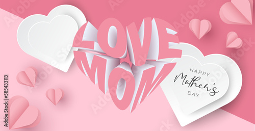 Vector happy mother's day heart paper style illustration and 3D text.