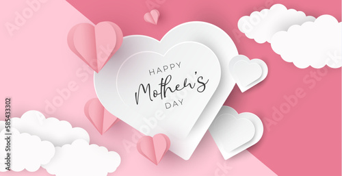 Vector banner and background happy mother's day heart paper style illustration.