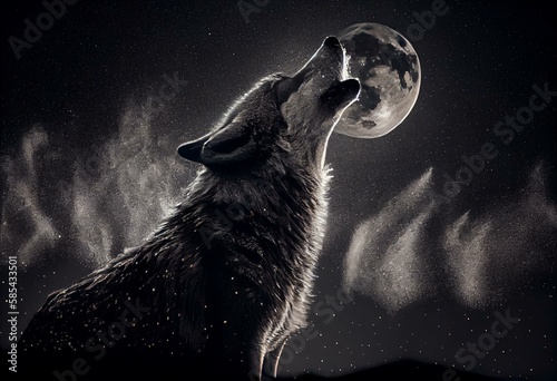 Raster graphic of the howling of the wolf towards the moon at night. Generative AI