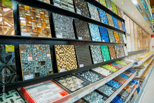 Colorful samples of a ceramic tile at the showroom of a large store.