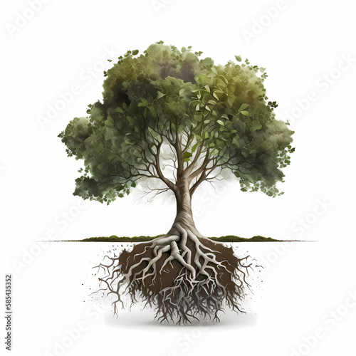 Tree with Root Isolated White. Generative AI