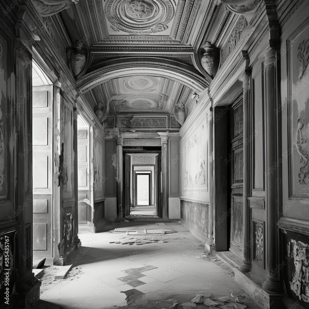 black and white interior of an abandoned black and white mansion urbex