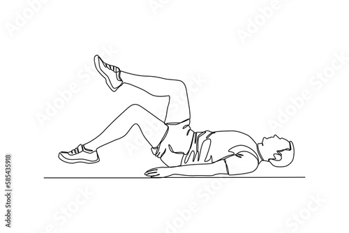 Fototapeta Naklejka Na Ścianę i Meble -  Continuous one-line drawing men doing supine toe tap to build abdominal muscles. Fitness activity concept. Single line drawing design graphic vector illustration