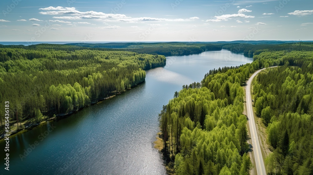 Aerial View of Summer in Finland: Green Forest, Blue Lake & Cars on the Road, Generative AI