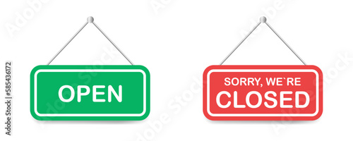 Realistic signboard with open and closed door. Door signboard for shop, supermarket or cafe with shadow. Vector 10 Eps.