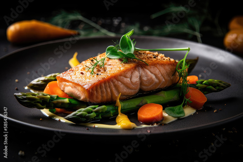 grilled salmon with asparagus, pea, yellow peppers, carrots and spring onions Generative AI
