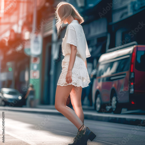 young girl in a white miniskirt on the street on a sunny summer day generated ai 