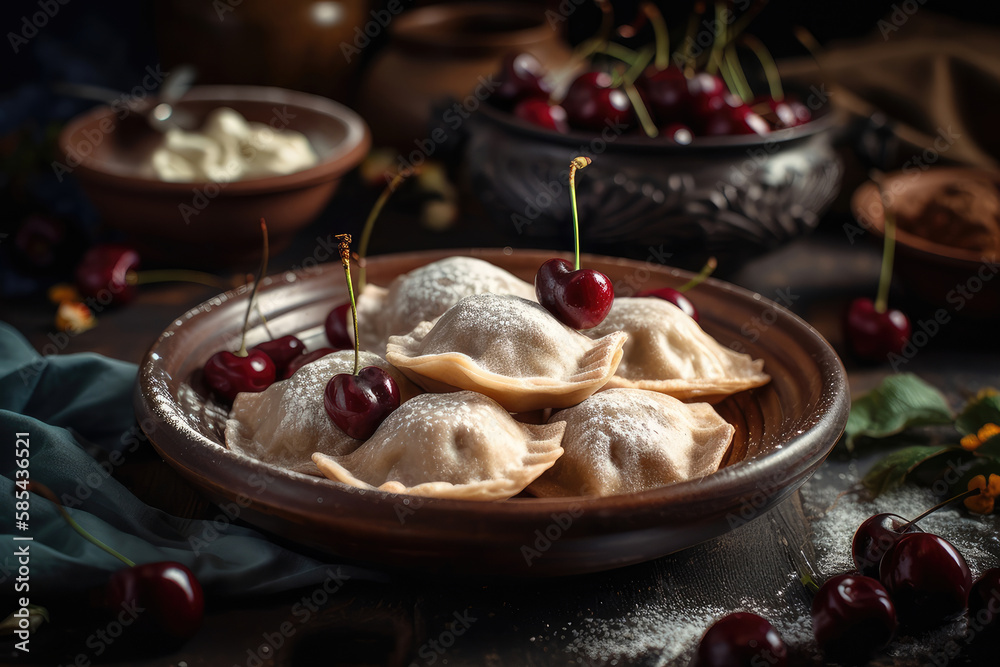 Traditional Ukrainian cuisine concept. Varenyky with cherries Generative AI