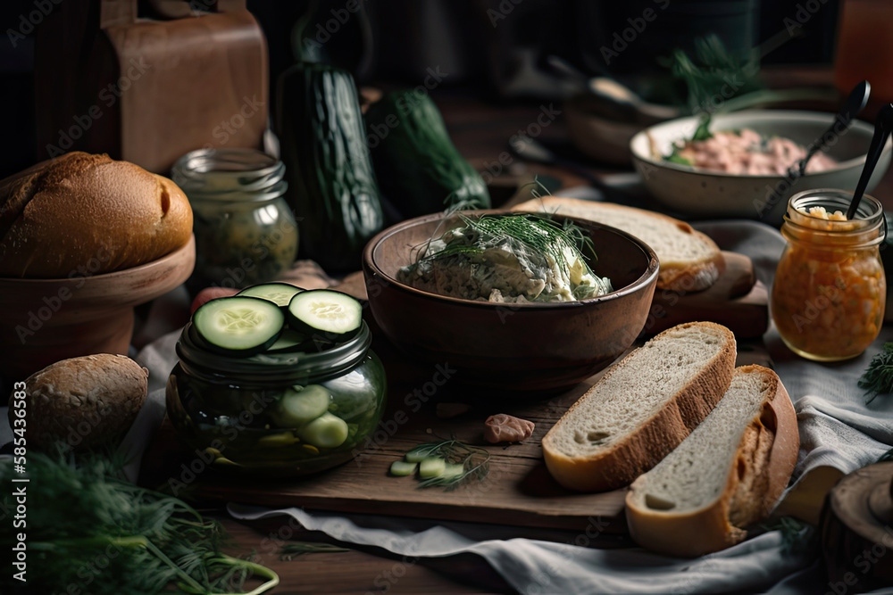 Delicious Ukrainian food, salo with salted cucumbers and bread on wooden background Generative AI