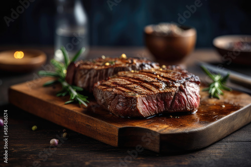 Fresh grilled meat. Grilled beef steak medium rare on wooden cutting board Generative AI