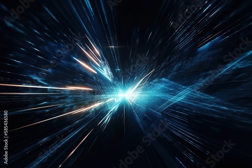 Vector Abstract  science  futuristic  energy technology concept. Digital image of light rays  stripes lines with blue light  speed and motion blur over dark blue line  Generative AI
