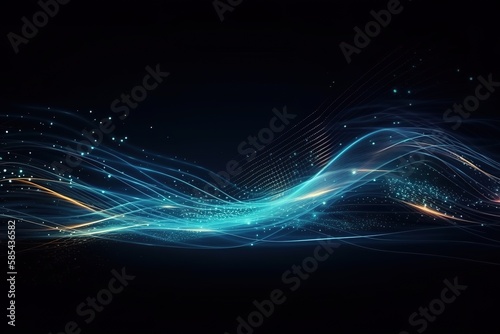 Vector Abstract, science, futuristic, energy technology concept. Digital image of light rays, stripes lines with blue light, speed and motion blur over dark blue line, Generative AI